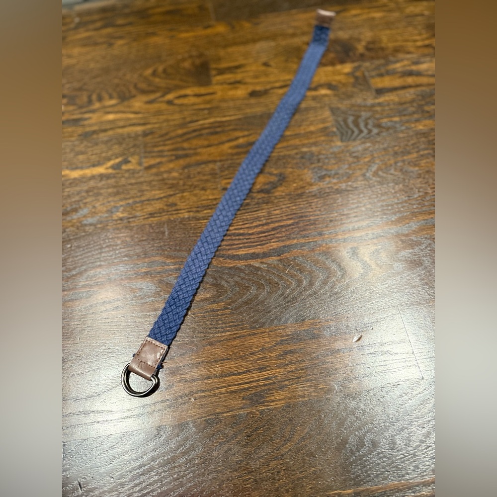 Kid’s Sz 22 Navy Blue Braided Canvas D-Ring Belt with Brown Leather Accents